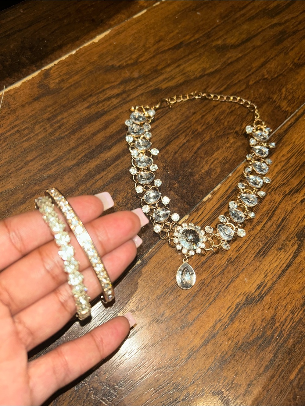 Gold Crystal Statement Necklace and Bracelet Set - Clear Crystal